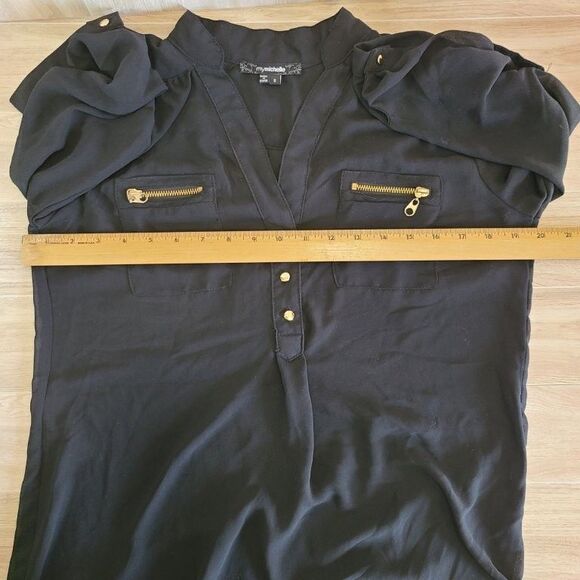 MyMichelle Black Sheer Blouse XS – Gold Zippers, Roll Tab Sleeves, V-Neck - Picture 6 of 8